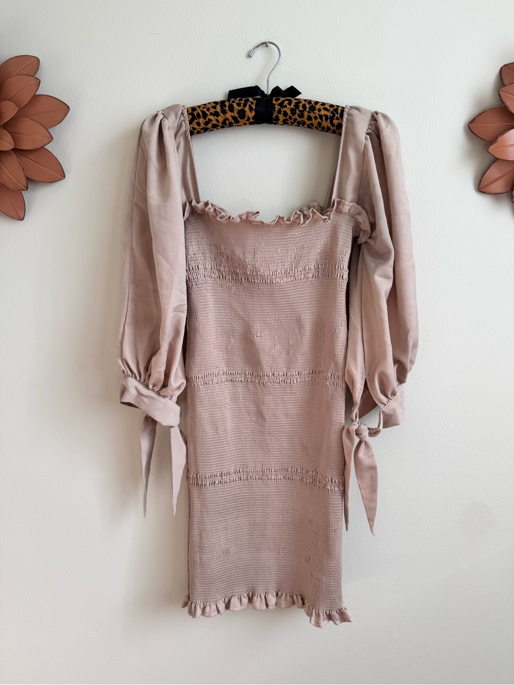 HYFVE Beige smocked puff sleeve mini dress ♡